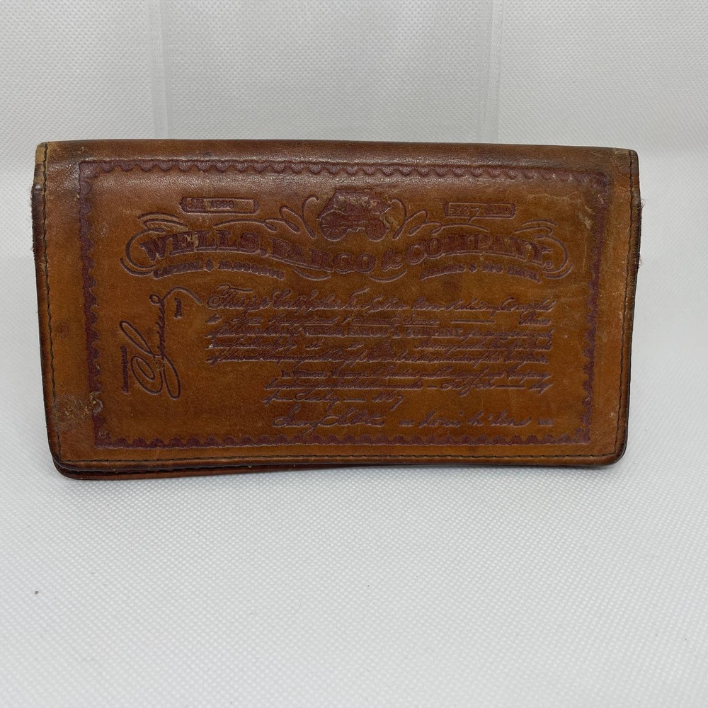 Vintage Wells Fargo & Co Leather Checkbook Cover Bifold Wallet